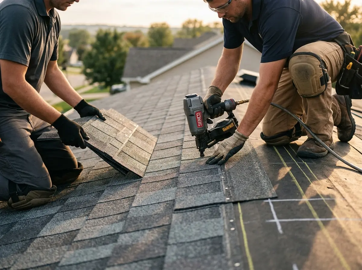 Professional roofer working on a residential roof in Pearl